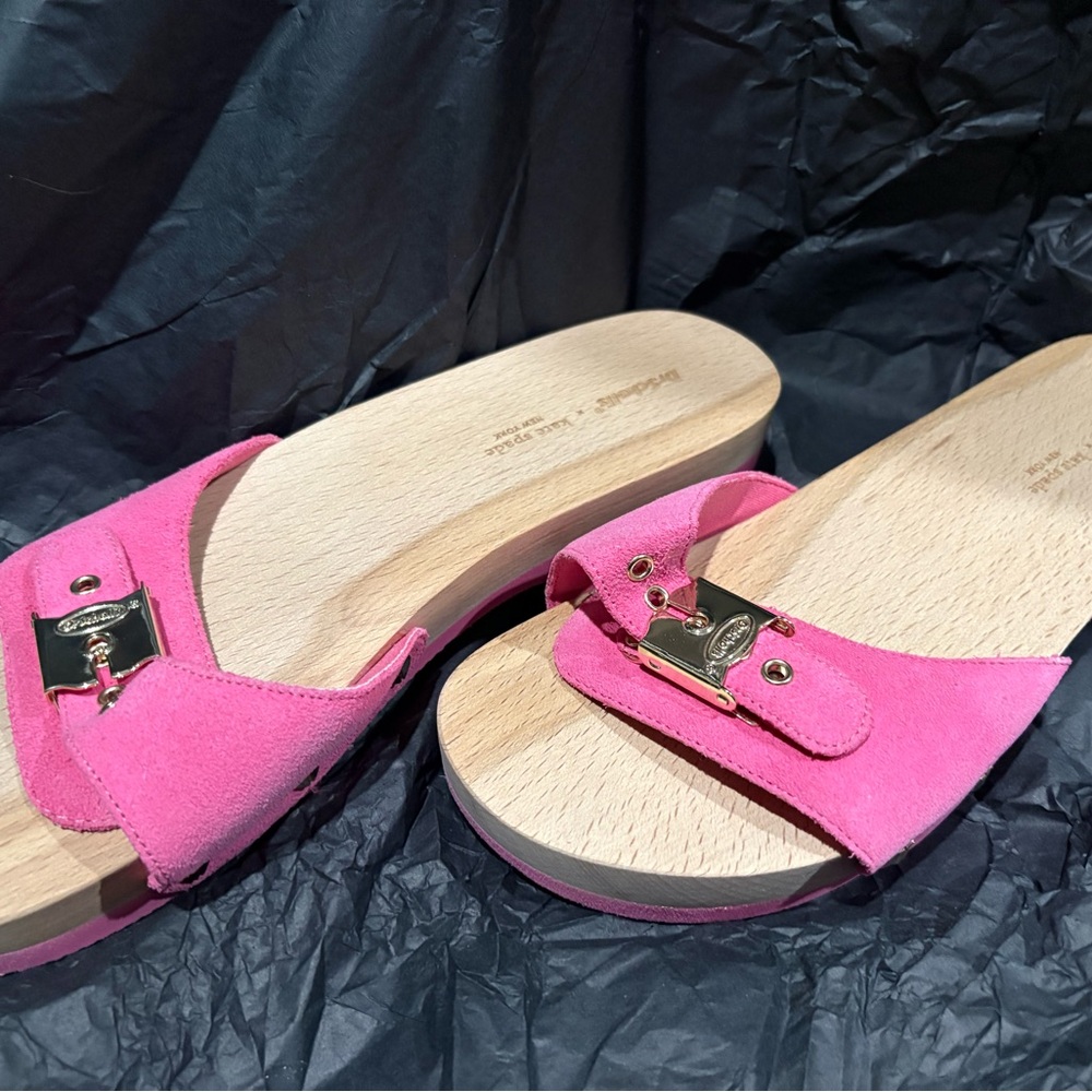 Dr Scholls x Kate Spade Pink Mules with Gold Buckle - size 8